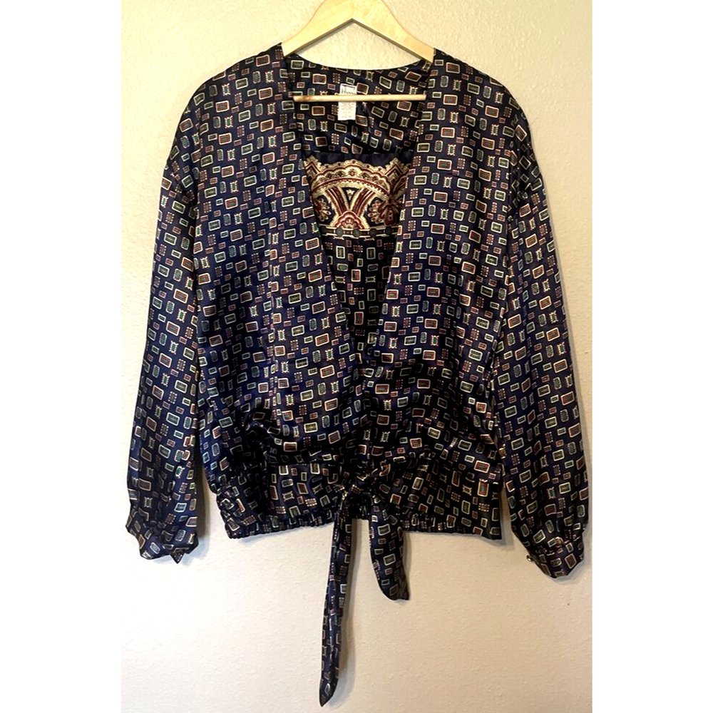Vintage Evanna Long Sleeve 100% Polyester Geometric Blouse Sz 16 Tie Waist USA